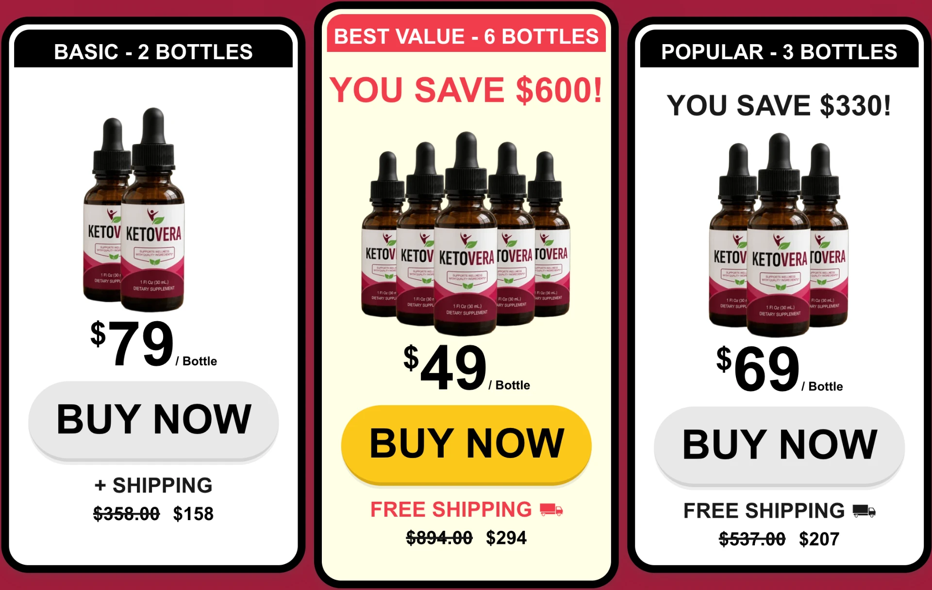 KetoVera pricing packages: 2 bottles at $79 each, 6 bottles at $49 each, and 3 bottles at $69 each