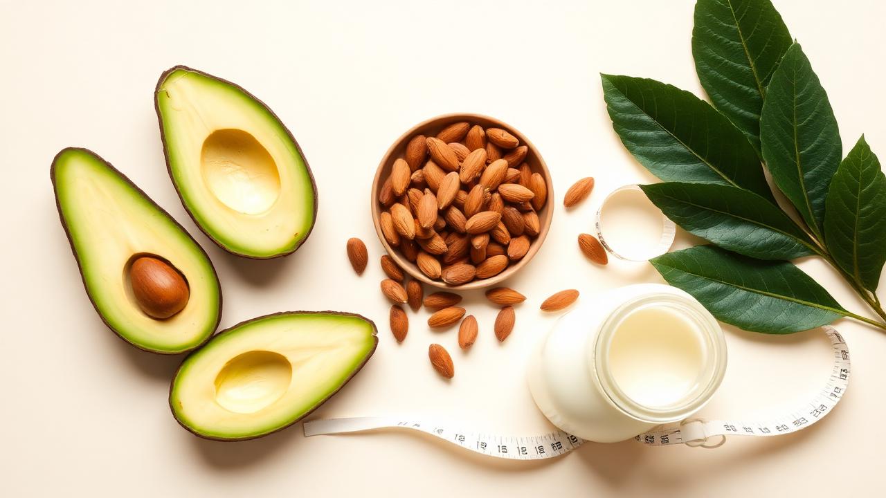 Avocado, almonds, coconut oil and greens representing whole-food keto nutrition alongside KetoVera drops